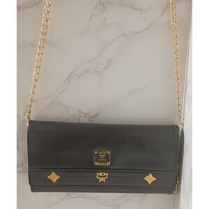 MCM Vintage Textured Black Leather Trifold Wallet with Crossbody Chain - EUC